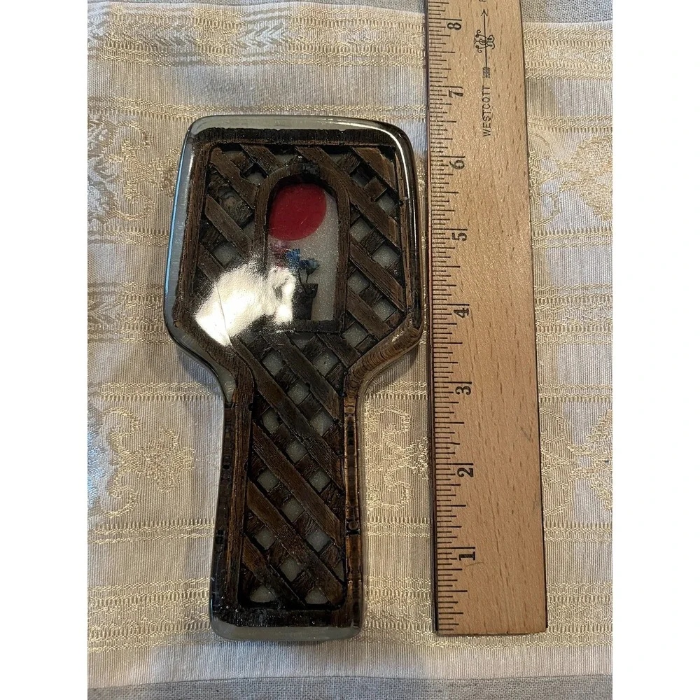VTG MCM Lucite Trivet & Spoon Rest Matching Set Flowers Wood Lattice & Red Sun